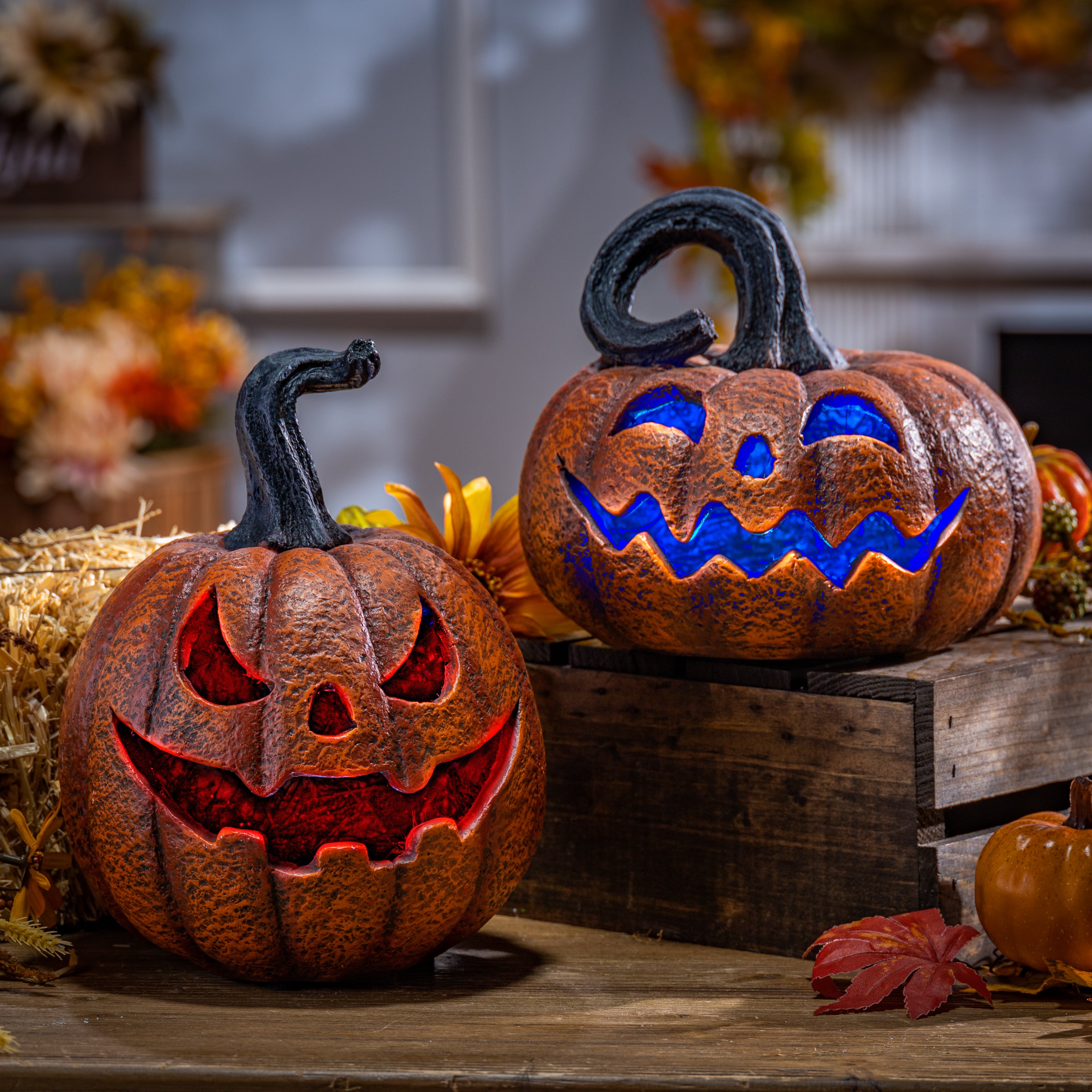 Set of 2 Spooky Halloween Lighted Jack o Lantern Resin Decor